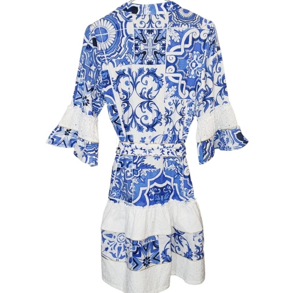 Boston Proper Positano Tile Print Tiered Linen Dress - Picture 3 of 7